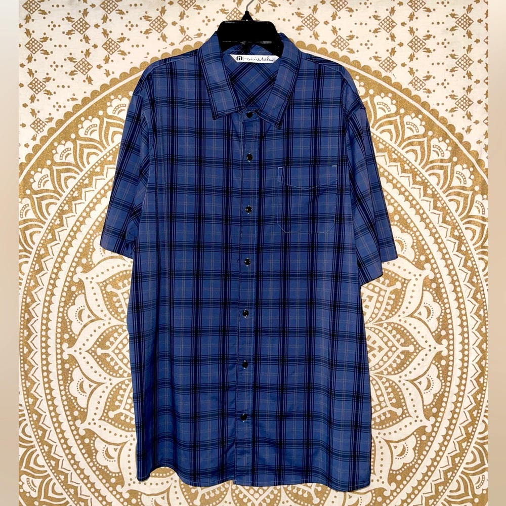 ✨HP✨ TRAVIS MATHEW MENS BLUE PLAID BUTTON-UP COLLARED SHIRT WITH POCKET, SIZE XL